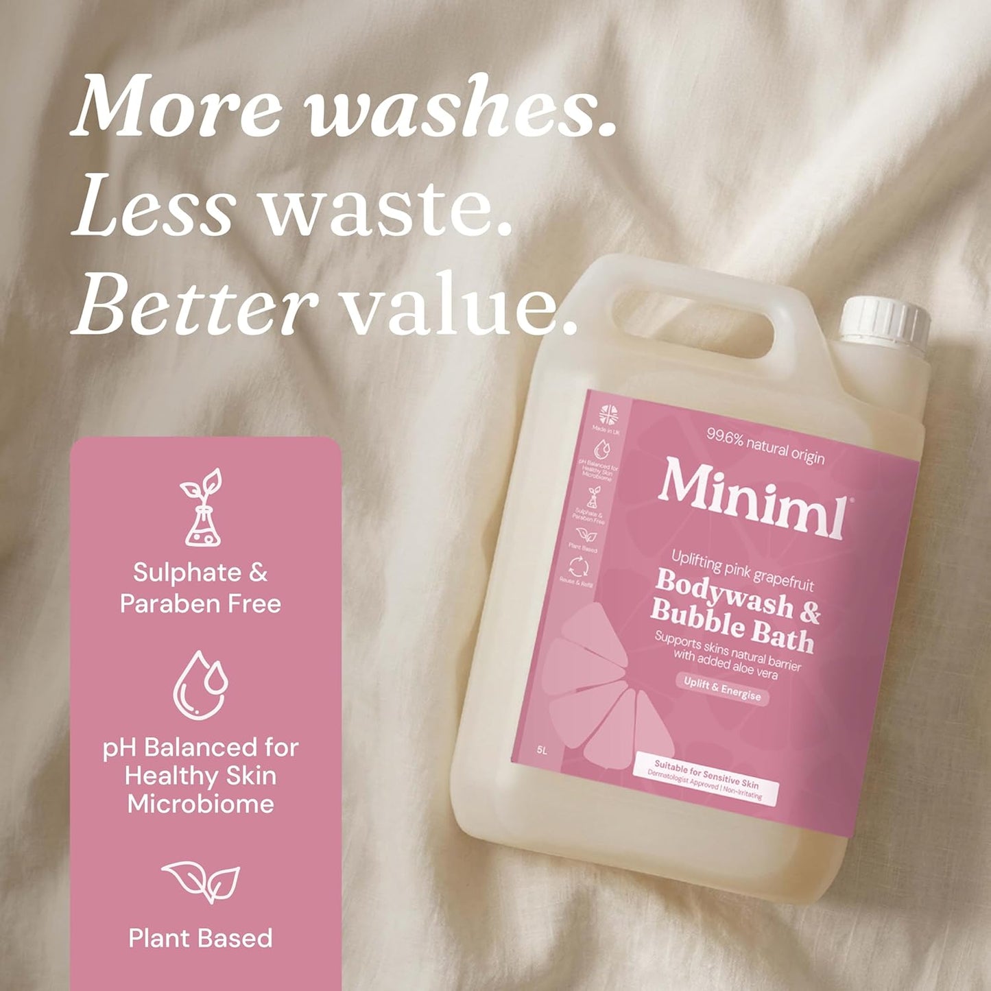 Miniml All Natural Body Wash and Bubble Bath - 5L Refill Moisturising Pink Grapefruit and Aloe Vera Sensitive Skin Eco Shower Gel Bath Soak - Vegan Friendly Hand, Face &amp; Body High Foam Scrub