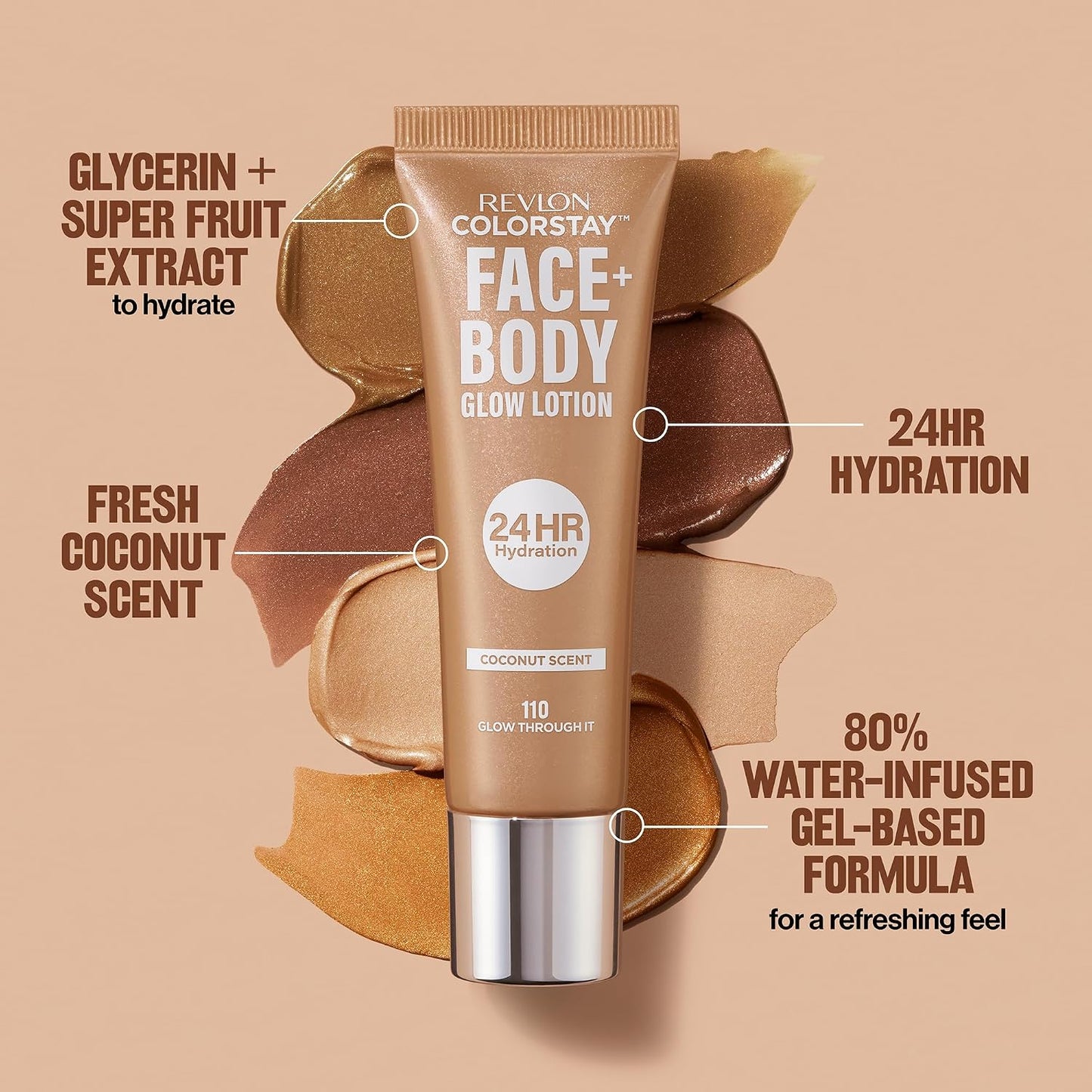 Revlon ColorStay Face &amp; Body Glow Lotion – Hydrating Bronzer with Coconut Scent, Radiant Luminising Finish, 24-Hour Hydration, Glow Through It