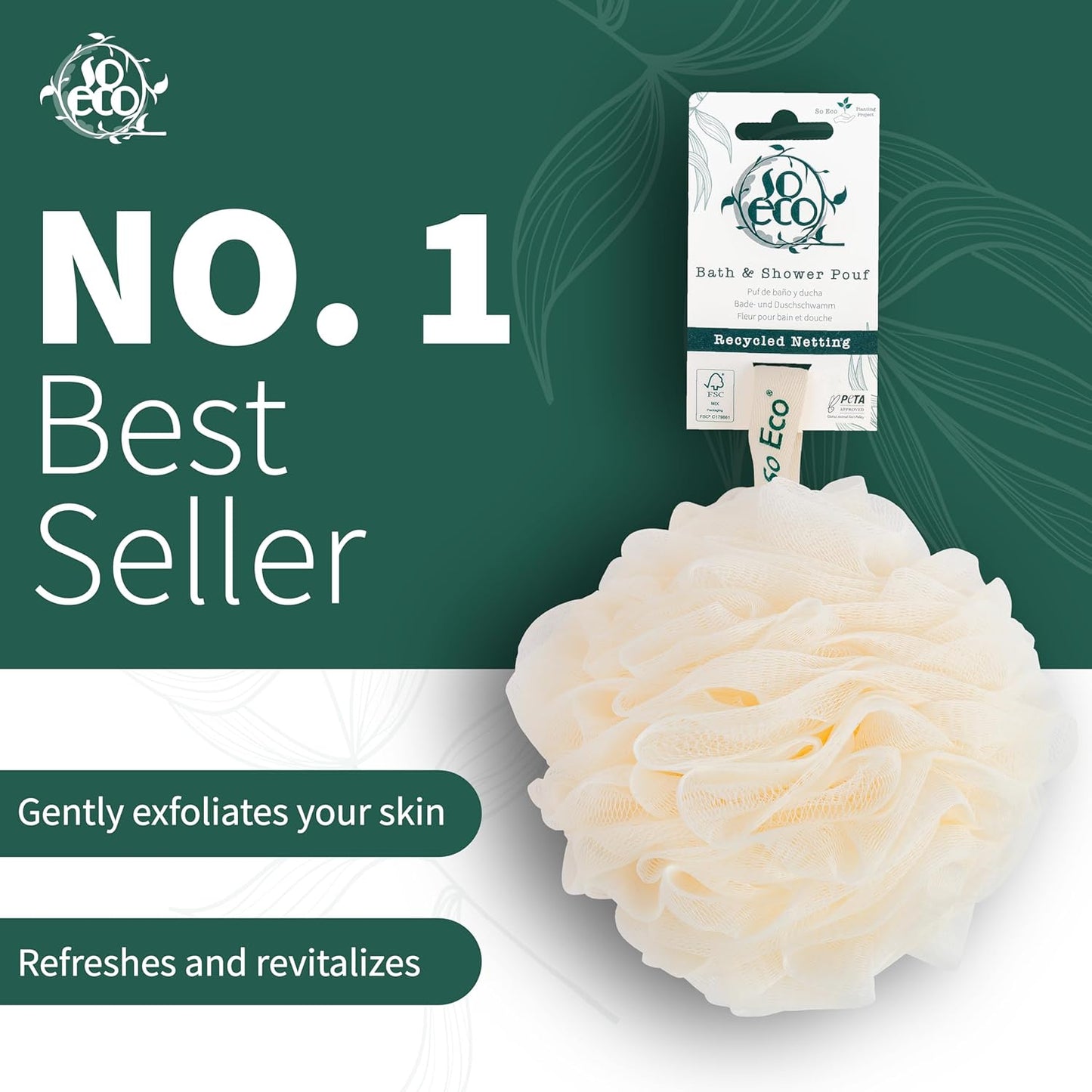 So Eco Bath &amp; Shower Pouf – 100% Recycled Netting, Gentle Exfoliating Sponge for Daily Cleansing – Vegan &amp; Plastic-Free Packaging - 70g