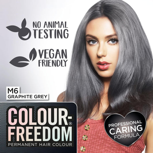 Colour Freedom Metallic Graphite Grey Permanent Hair Dye with PurePlex. Ultra Glossy Conditioning Hair Colour. 100% grey coverage. By Knight &amp; Wilson.