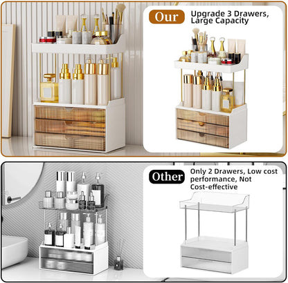 Makeup Organiser - Upgrade 2 Tier 3 Drawers Large Vanity Organisers, Versatile Cosmetic Storage, Exquisite Bathroom &amp; Skincare, Dressing Table Organiser, Amber
