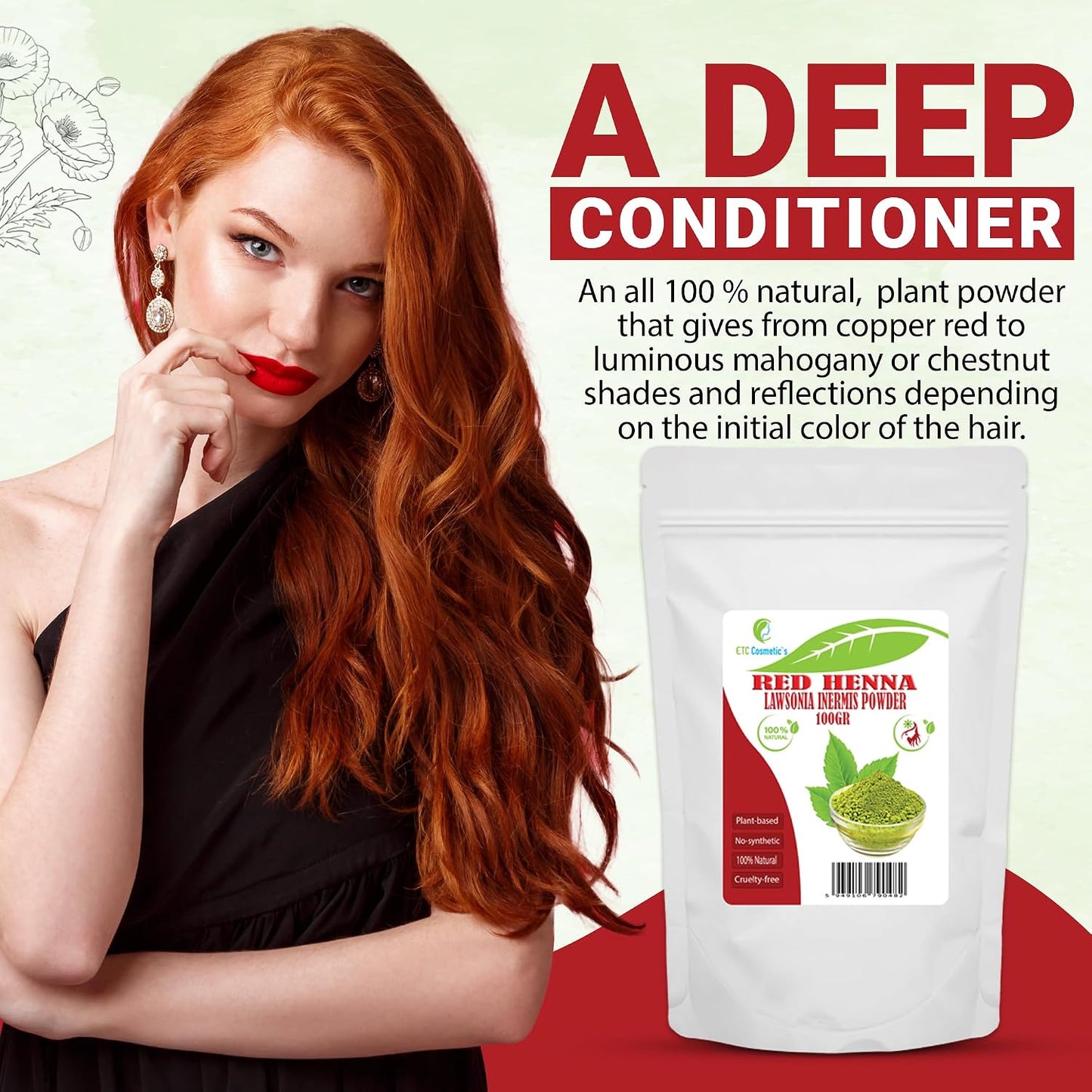 ETC Cosmetic's Red Henna - Lawsonia Inermis - 100g Powder - Natural - Improves Hair Appearance &amp; Conditions - All Hair Types - Demi-Permanent - Not Suitable for Red Hair