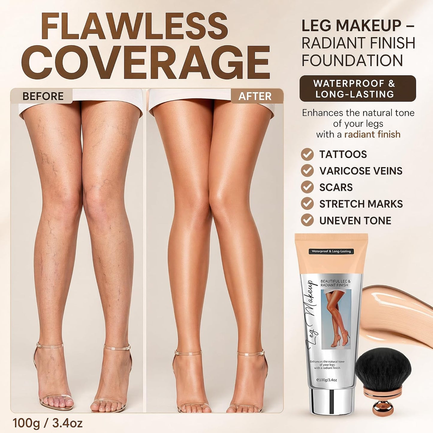 MiracleDaParis Body Coverage Perfector, Tattoo Cover Up Makeup Leg Makeup Waterproof no Transfer for Daily Wear and Events. (C)