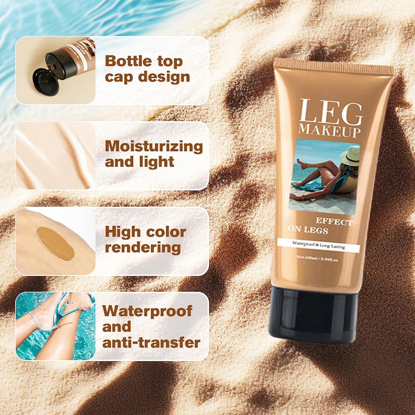 Waterproof leg makeup without transfer, extra-large body brush, coverage for varicose veins/scars, Skin Perfecting Body Foundation