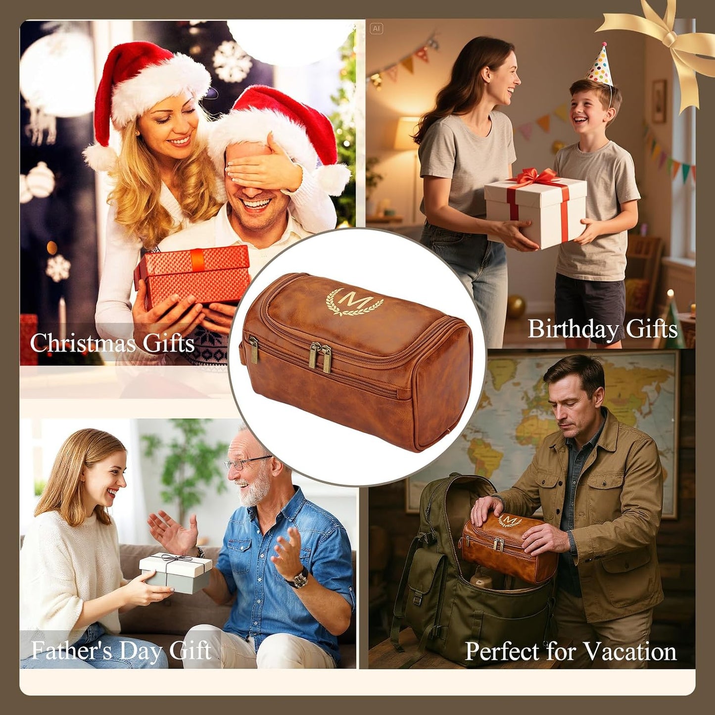 Mens Toiletry Bags,Personalised Gifts for Men Dad,Personalised PU Leather Mens Wash Bag with Initial Hanging Toiletry Bag Xmas Birthday Gifts (Initial-J, Light Brown)