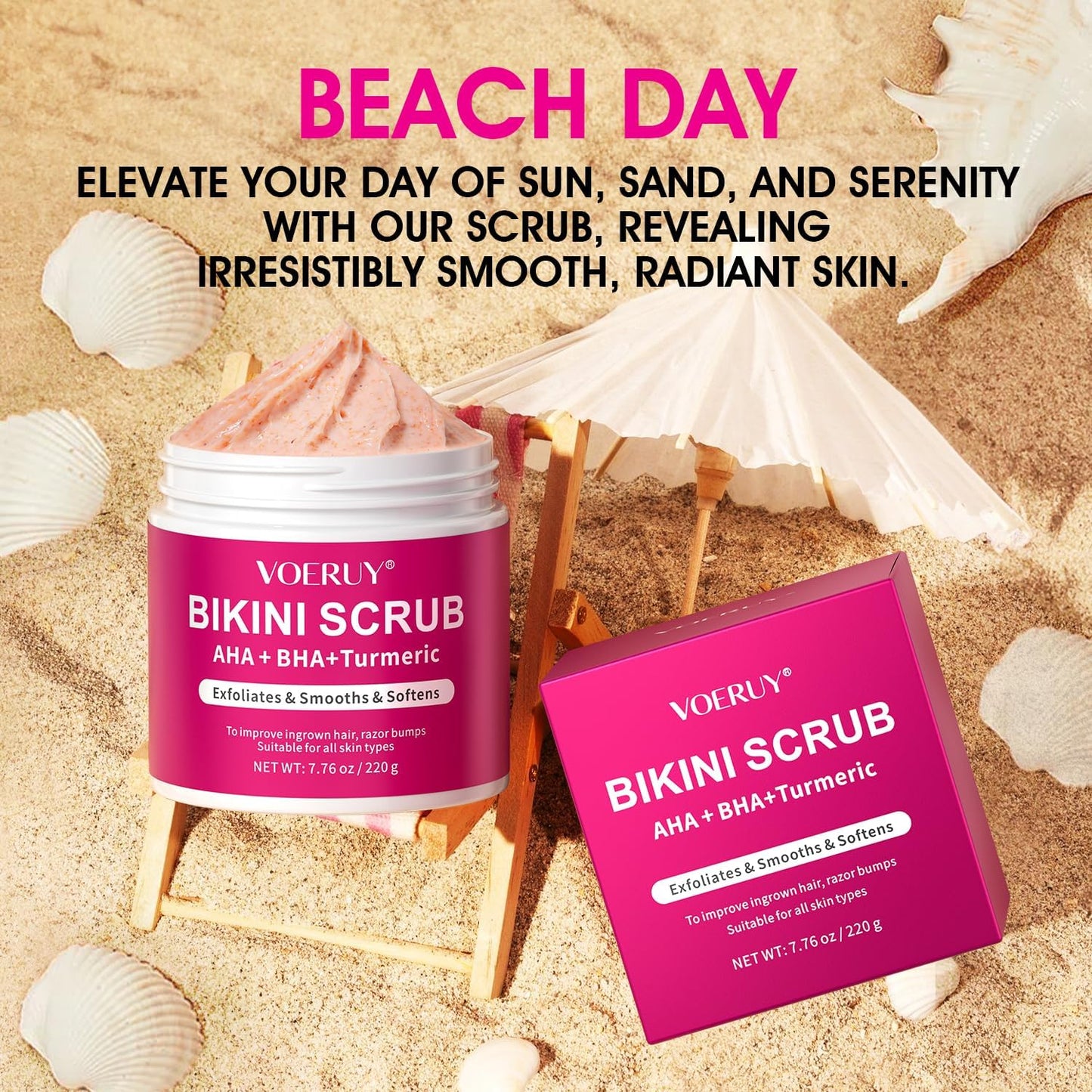 Bikini Scrub with 10% AHA+BHA and Turmeric for Bikini Underarm Area, Removes Ingrown Hairs and Shaving Bumps, Moisturizes and Nourishes Skin, Evens Skin Tone, Exfoliates, 220g