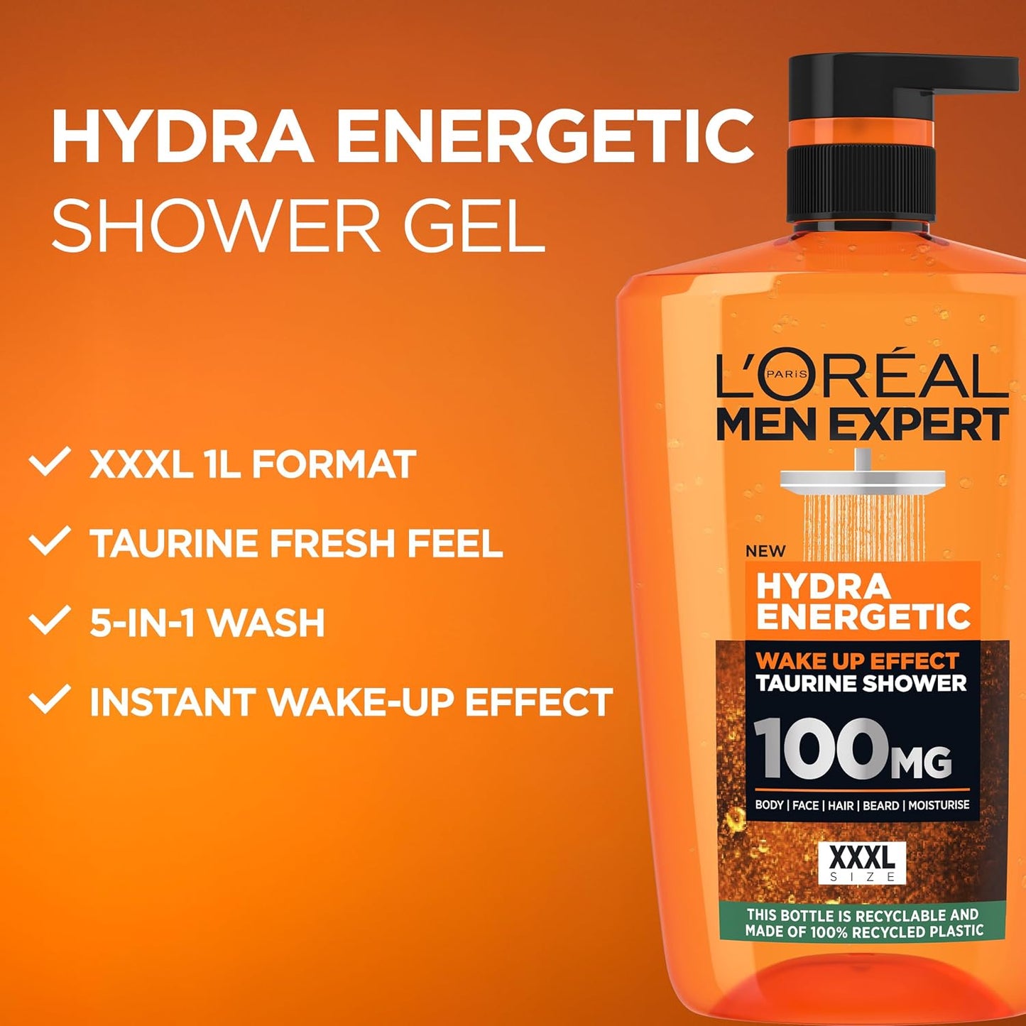 L'Oréal Men's Shower Gel, Men Expert Hydra Energetic 3-in-1 XXXL Body Wash 1L Pump, Instant Wake-Up Effect, Energising Face &amp; Hair Wash with Taurine and Vitamin C