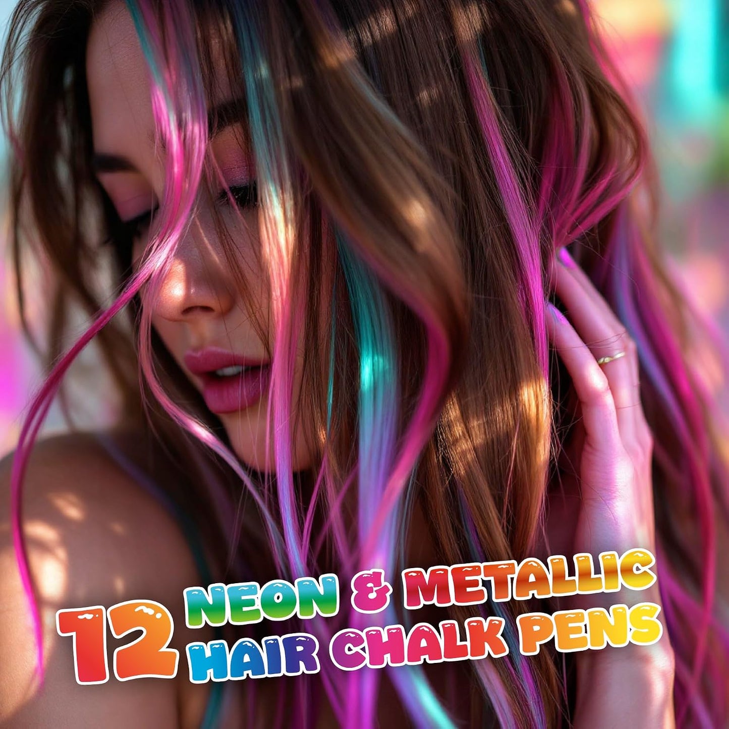 12 Hair chalks, 12 NEON &amp; METALLIC hair chalk, Non-Toxic Easy Washable Hair Dye Colourful, METALLIC &amp; NEON hair chalk - Perfect for Festivals, Halloween, Parties, hair chalks for girls