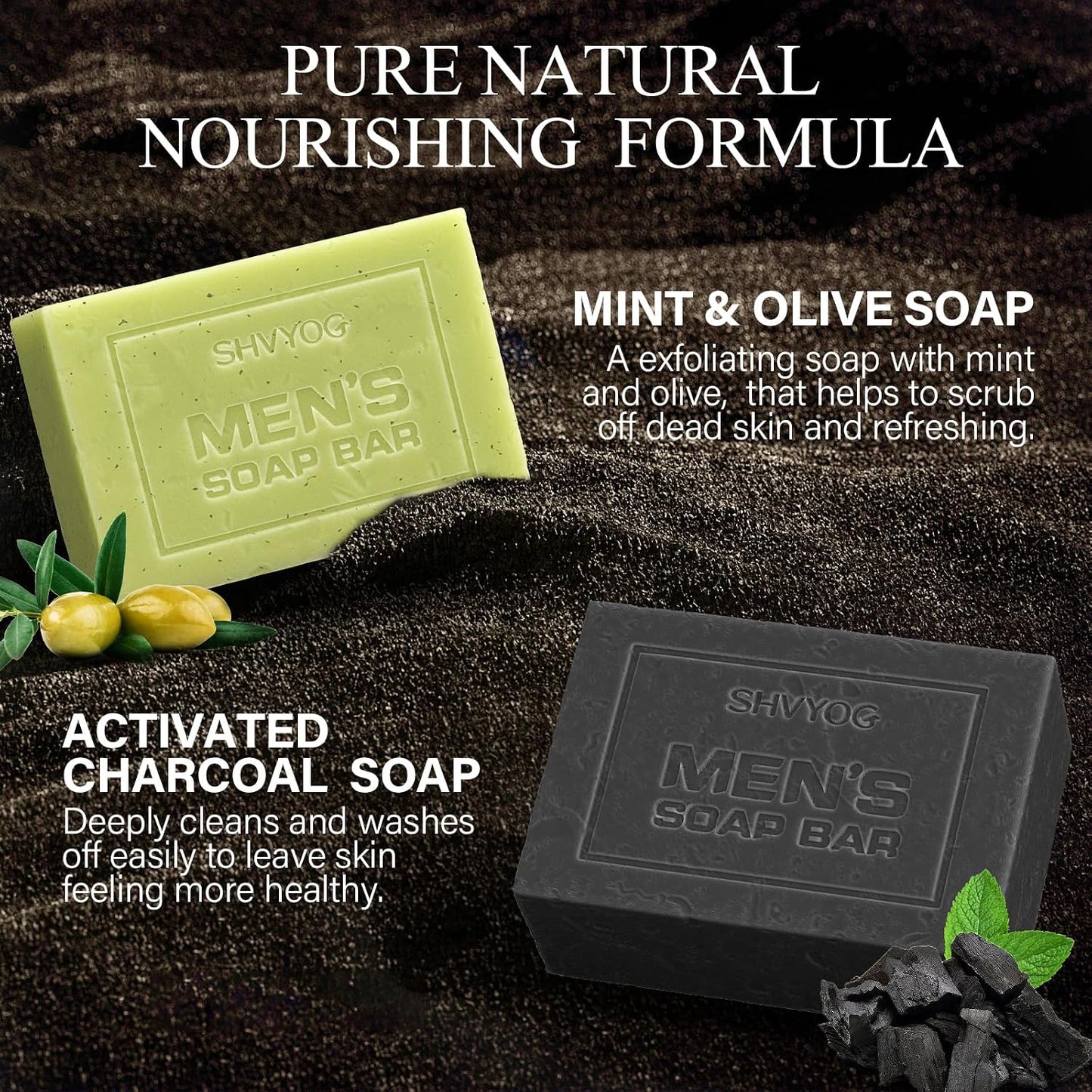 4 Pcs Natural Men`s Soap, SHVYOG Men`s Bar Soap, Handmade Exfoliating, Deep Cleansing, Refreshing, Moisturizing Bar for Body &amp; Face - Sandalwood Amber, Mint, Charcoal, Turmeric, 600g