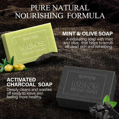 4 Pcs Natural Men`s Soap, SHVYOG Men`s Bar Soap, Handmade Exfoliating, Deep Cleansing, Refreshing, Moisturizing Bar for Body &amp; Face - Sandalwood Amber, Mint, Charcoal, Turmeric, 600g