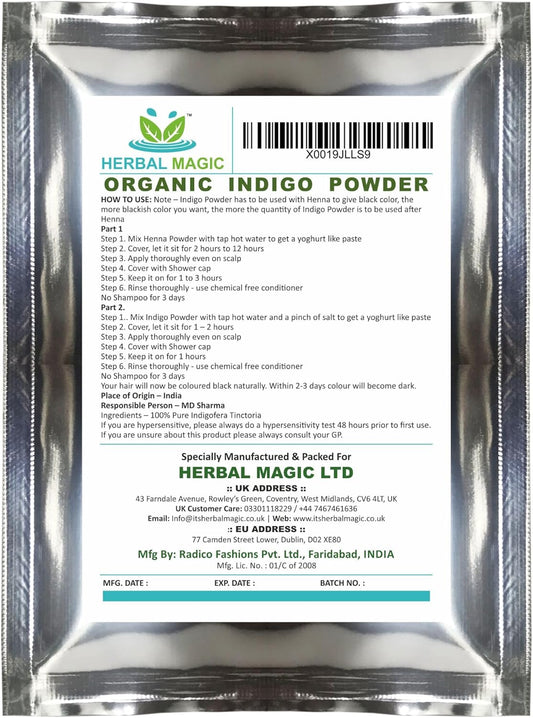 Herbal Magic's Organic Indigo Powder for Hair, USDA, Herbal Hair Dye, Natural Hair Mask/Color - Free from Fillers &amp; Preservatives-100g