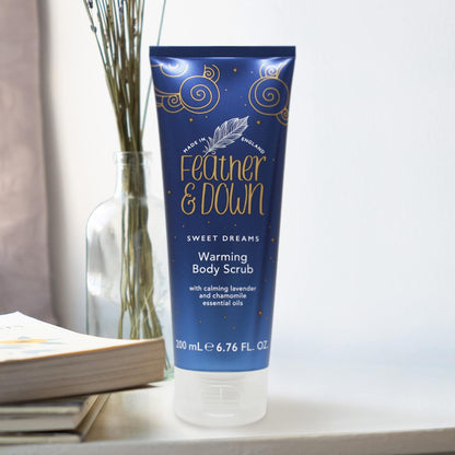 Feather &amp; Down Warming Body Scrub (200ml) - With Calming Lavender &amp; Chamomile Essential Oils. Exfoliates &amp; Gently Warms Tired Muscles. Relieving Tensions from the day.