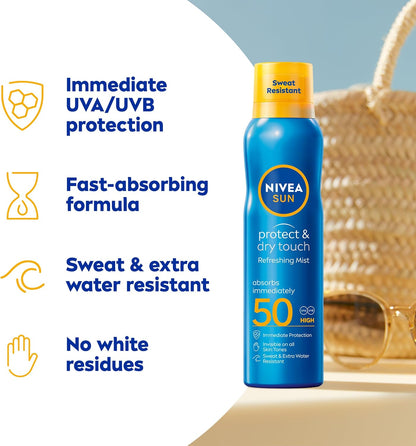NIVEA SUN Protect &amp; Dry Touch Refreshing Sun Mist Spray SPF50 (200ml), Water-Resistant Sun Spray, Immediate Protection Against UVA/UVB Rays, Sunburns and Premature Ageing (Packing May Vary)