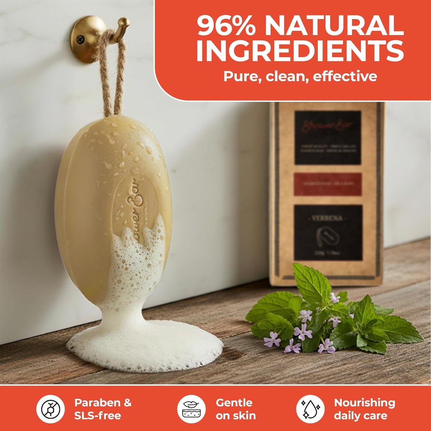 Verbena Scented Soap on a Rope - 220g Natural Solid Body Wash Bar for Travel &amp; Home - Long Lasting, Vegan, Plastic-Free, Eco-Friendly &amp; Moisturizing