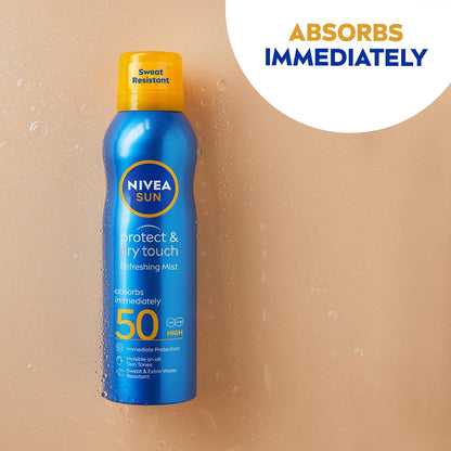 NIVEA SUN Protect &amp; Dry Touch Refreshing Sun Mist Spray SPF50 (200ml), Water-Resistant Sun Spray, Immediate Protection Against UVA/UVB Rays, Sunburns and Premature Ageing (Packing May Vary)