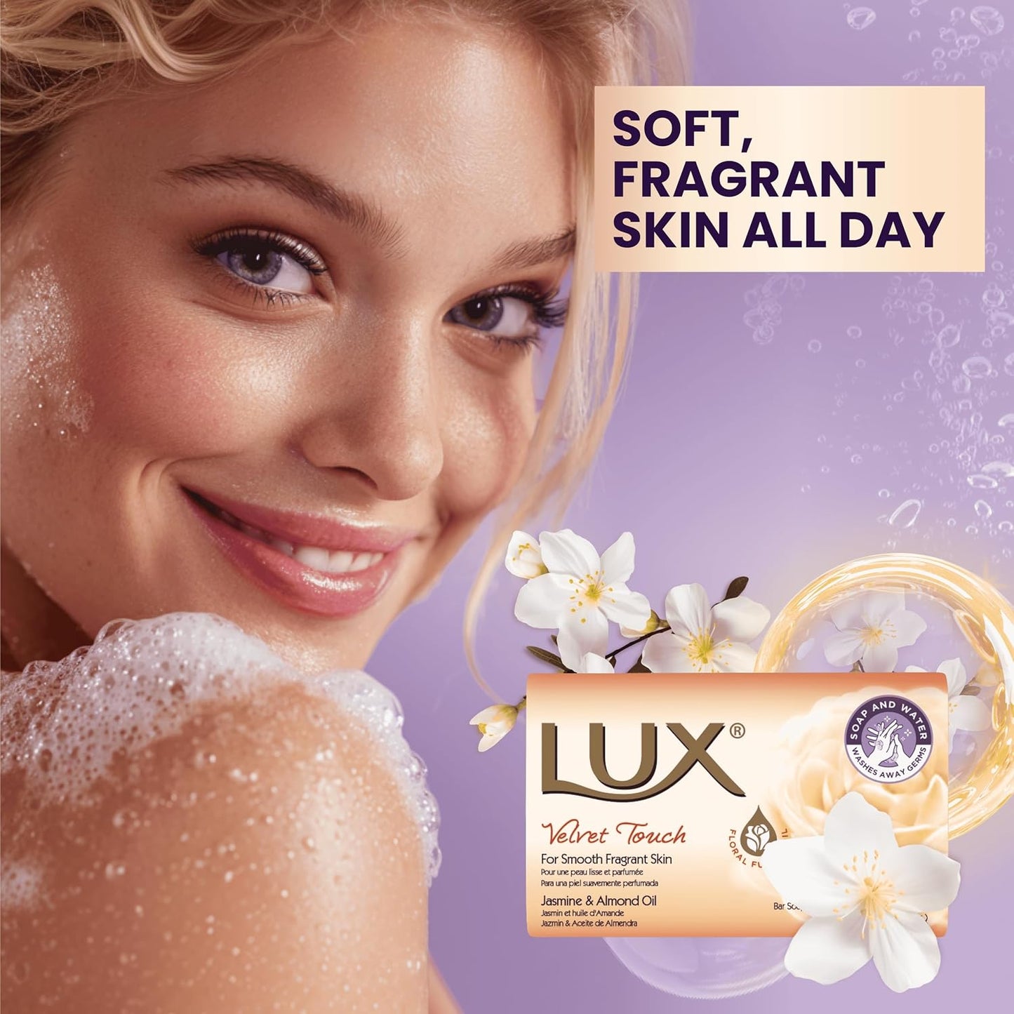 LUX Velvet Touch Soap Bar, Jasmine &amp; Almond Oil, For Smooth Fragrant Skin, 80g (12 Pack)