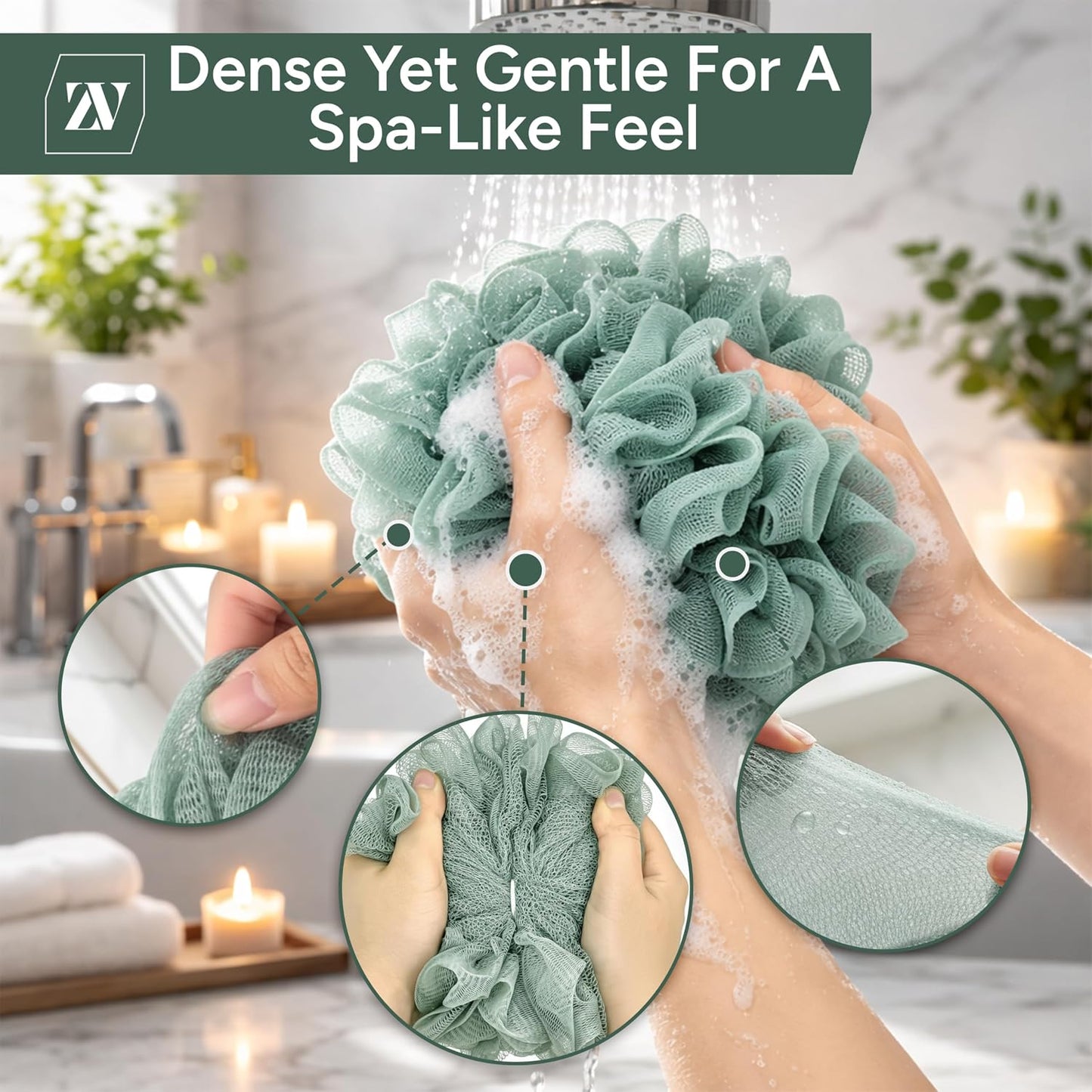Zuvo Loofah Bath Sponge (Pack of 4) – Soft &amp; Durable Shower Puffs for Deep Exfoliation – Unisex Body Scrubber, Eco-Friendly and Skin-Safe, Assorted Colours