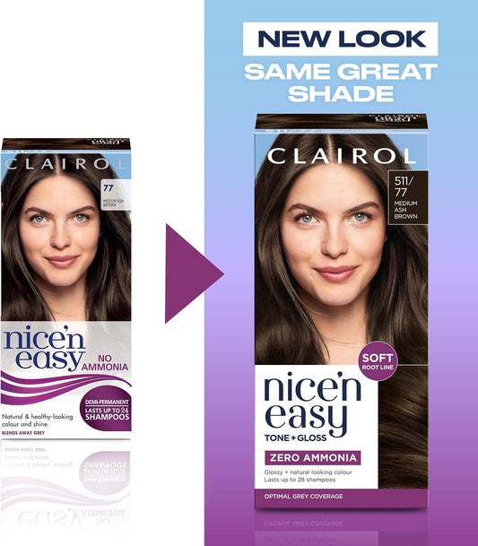 Clairol Nice'n Easy Tone+Gloss Semi Permanent Hair Dye - 511/77 Medium Ash Brown