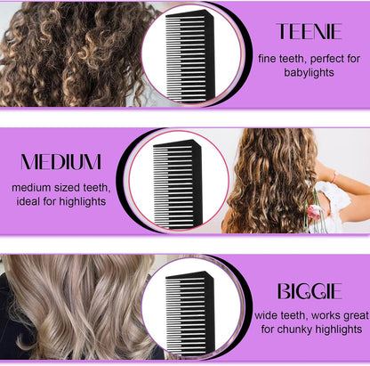 3Pcs Highlighting Comb Professional Hair Dye Combs 3 Sizes Highlight Comb Weaving Combs with Long Stainless Steel Rat Tail for Home and Salon(Black)