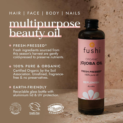 Fushi Organic Jojoba Oil 100 ml | Fresh-Pressed| Rich in Vitamin E | Best for Skin Cleansing, Dry Skin &amp; Dry Hair | Hypoallergenic Oil | Ethical &amp; Vegan Society Approved | Manufactured in the UK
