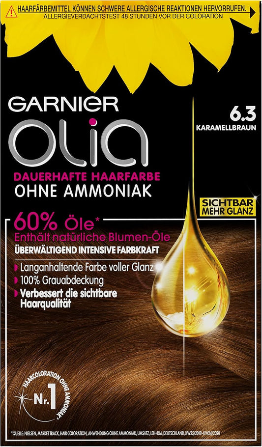 Garnier Olia Permanent Hair Colour without Ammonia, with Nourishing and Natural Oils, Full Grey Hair Coverage, Permanent Colouration, No. 6.3 Caramel Brown, 3 x 1 Piece
