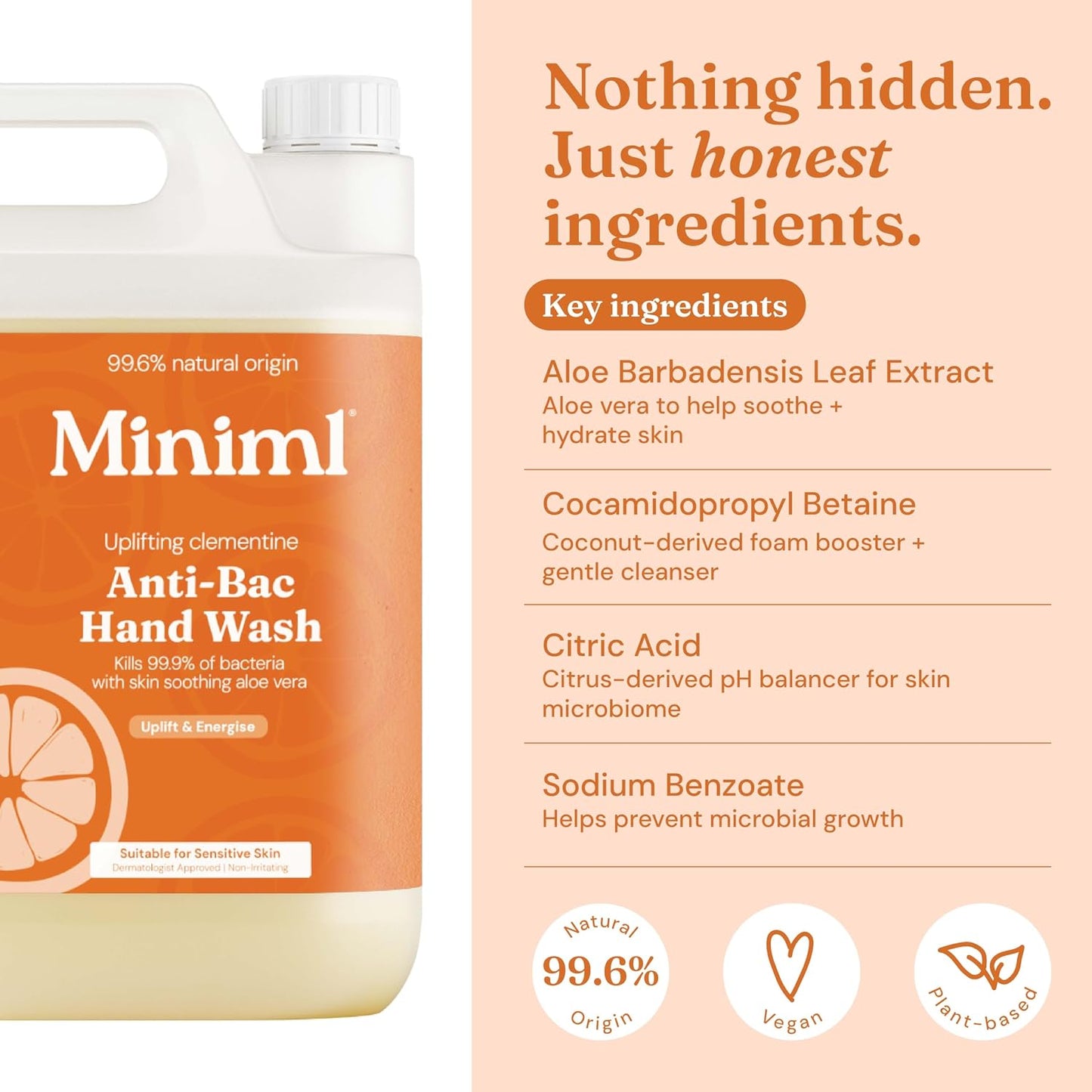 Miniml Antibacterial Hand Wash Soap 5L Refill - Natural Clementine Scented Eco Friendly Hand and Body Washing Liquid Gel for Soft and Sensitive Skin Care - 100% Vegan &amp; Cruelty Free