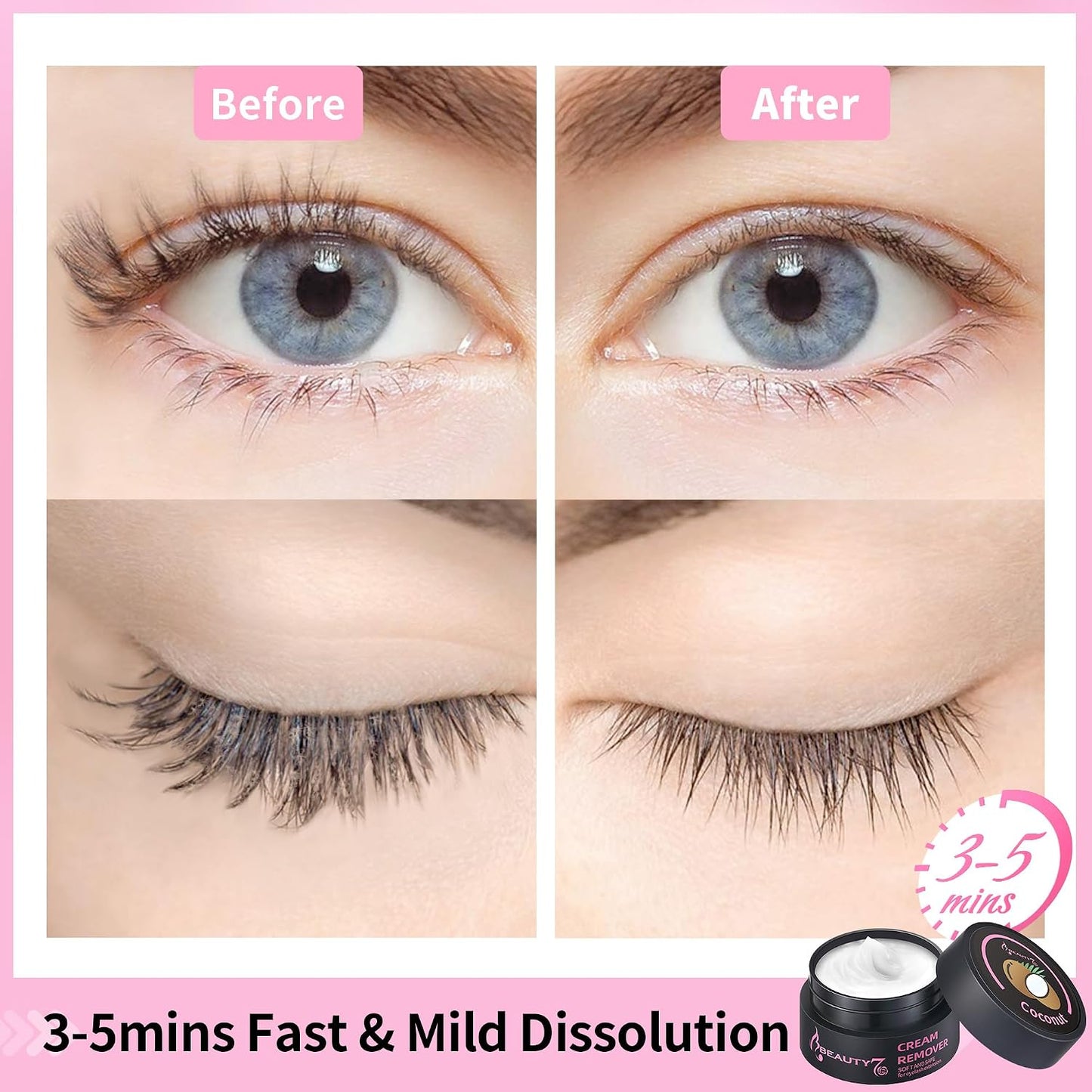 Beauty7 Eyelash Extension Glue Remover Cream Low Irritation and Fast Dissolution Individual Lash Remover Cleanser for Extensions Coconut Scent