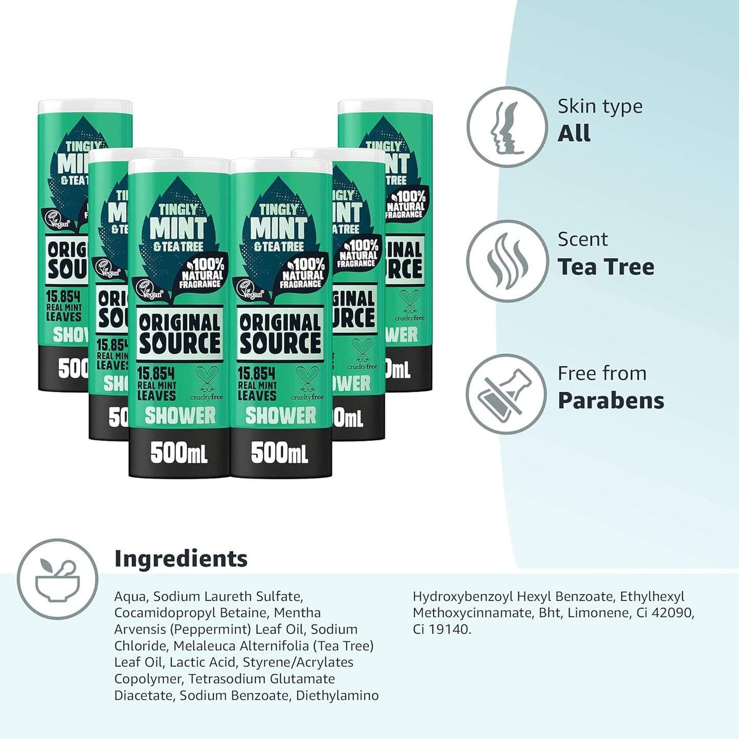 Original Source Mint &amp; Tea Tree Shower Gel, 100 Percent Natural Fragrance, Vegan, Cruelty Free, Paraben Free, Bulk Buy, Pack of 6 x 500 ml