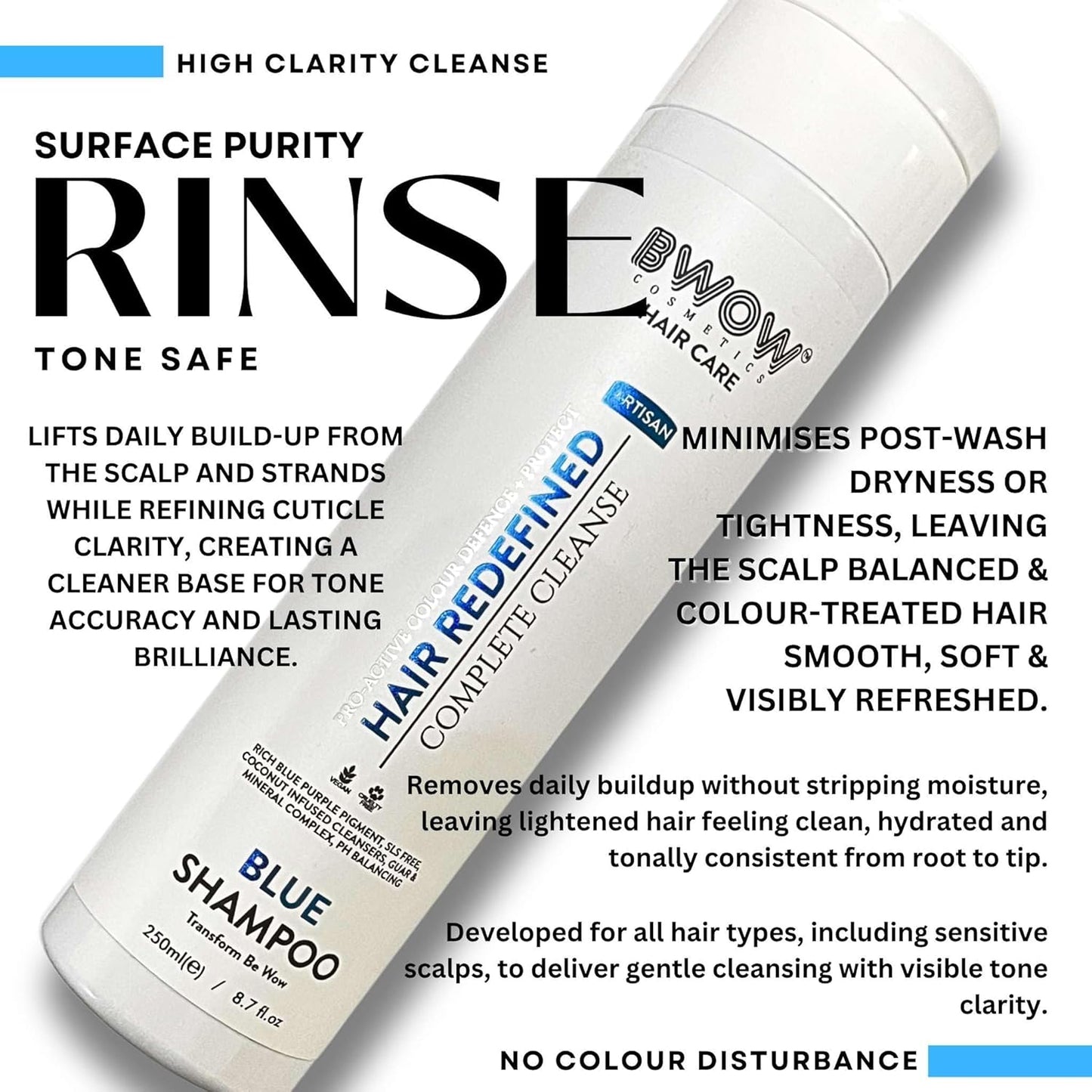 Blue Purple Shampoo for Blonde Grey Silver Highlighted Hair Pro Active Colour Defence + Protect Revive + Refresh Brilliant Brassy Tone Correcting Pigment Deposit Vegan Guar Mineral Complex 250ml