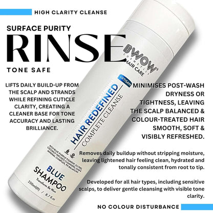 Blue Purple Shampoo for Blonde Grey Silver Highlighted Hair Pro Active Colour Defence + Protect Revive + Refresh Brilliant Brassy Tone Correcting Pigment Deposit Vegan Guar Mineral Complex 250ml