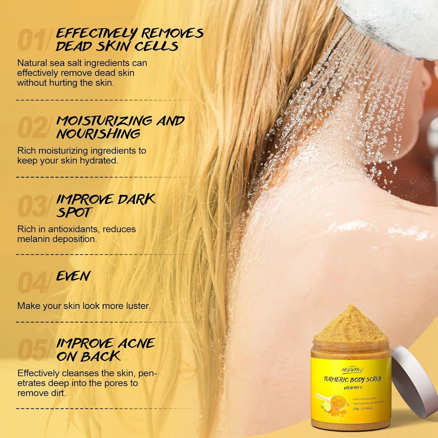 Turmeric and Vitamin C Body Scrub, Exfoliating Scrub, Remove Dead Skin Improve Dark Spots Acne, Natural Deep Cleansing, Exfoliator for Body Butt Bikini Area, Body Care for Men Women, with Loofah