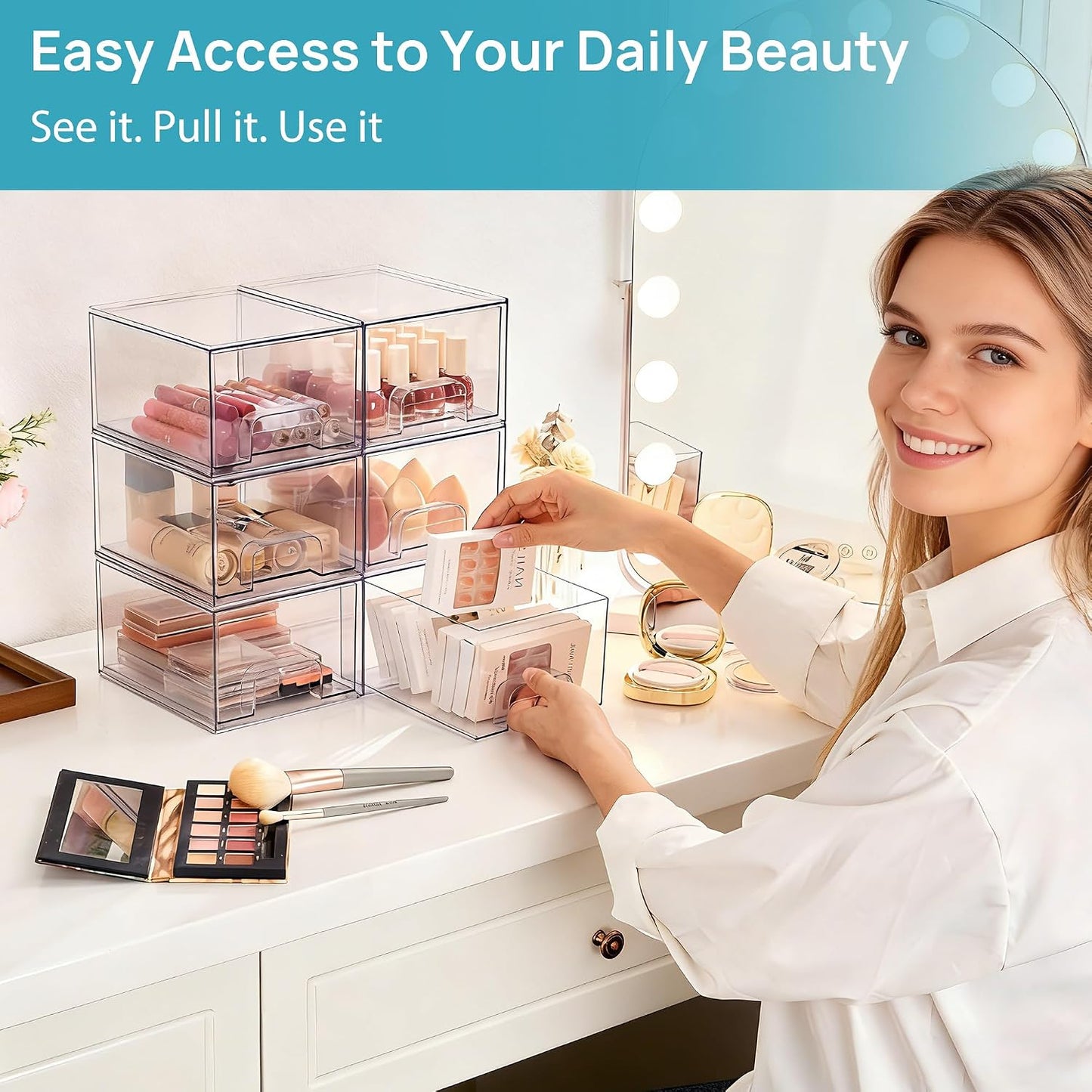 Vtopmart 4 Pack Clear Makeup Organiser, Acrylic Small Stackable Storage Drawers, Plastic Storage Box For Vanity, Bathroom, Under Sink, Kitchen Cupboard, Pantry, Home Organization