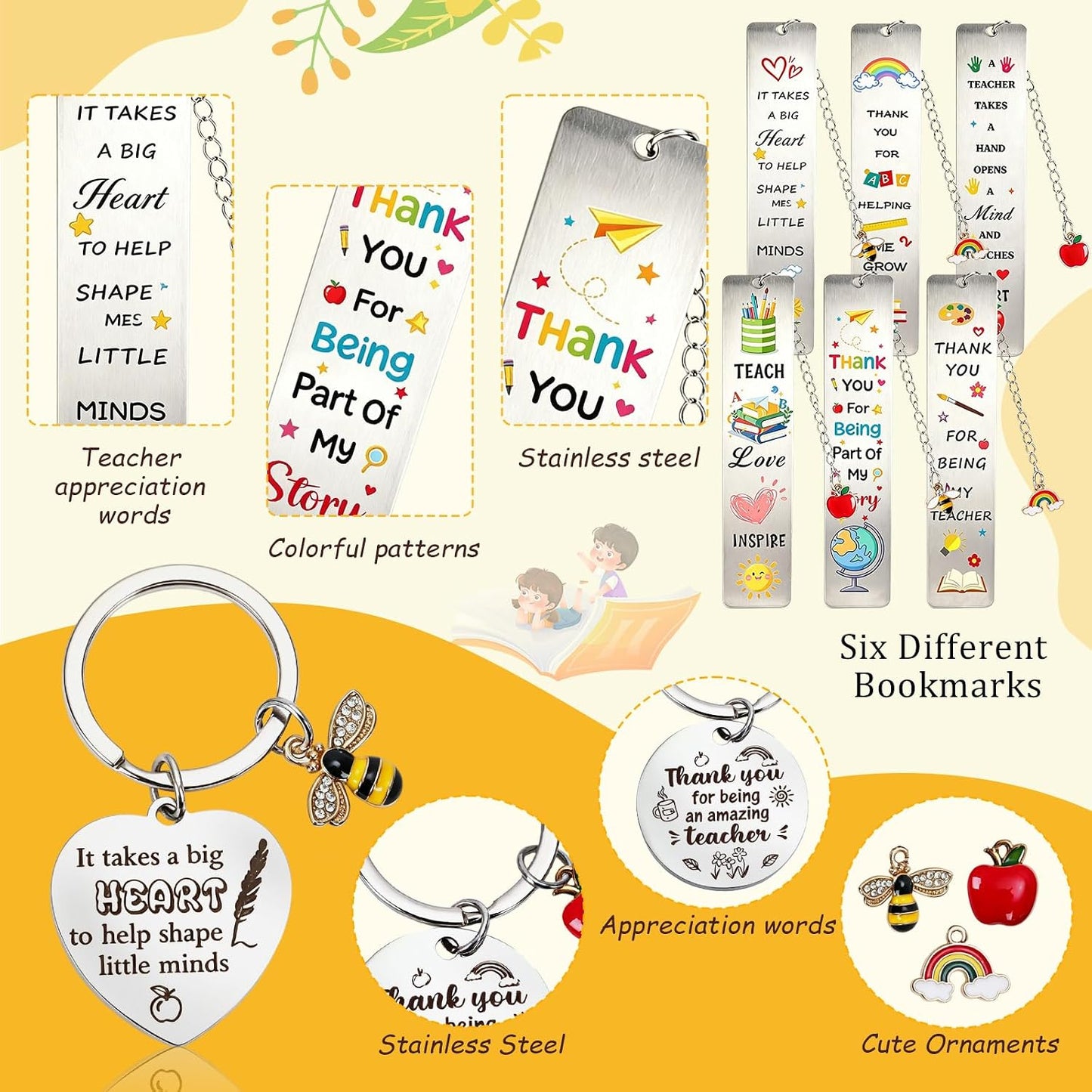 6 Set Thank You Teacher Gifts for Women Men - Teacher Gifts Make up Bags Bookmarks Keychain Black Pens,Thank You Cards Teacher Appreciation Gifts for Nursery Teaching Assistant