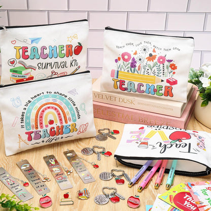 4 Set Thank You Teacher Gifts for Women Teacher Gifts with Makeup Bags Bookmarks Keychain Pens Brooch Thank You Cards, End of Year Gifts for Teacher,Teaching Assistant,Nursery Teacher.