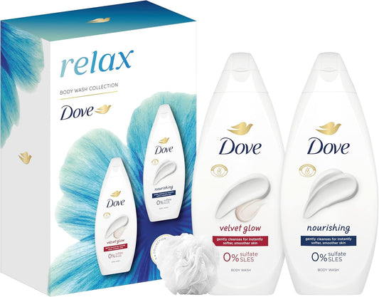 Dove Relax Duo Gift Set Body Wash Collection with a shower puff perfect gifts for her 2 piece