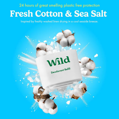 Wild - Natural Refillable Deodorant - Fresh Cotton &amp; Sea Salt Refill Duo Pack - Vegan &amp; Eco-Friendly - Aluminium Free - Long Lasting Protection - Natural Ingredients - 2 Pack of 40g Refills