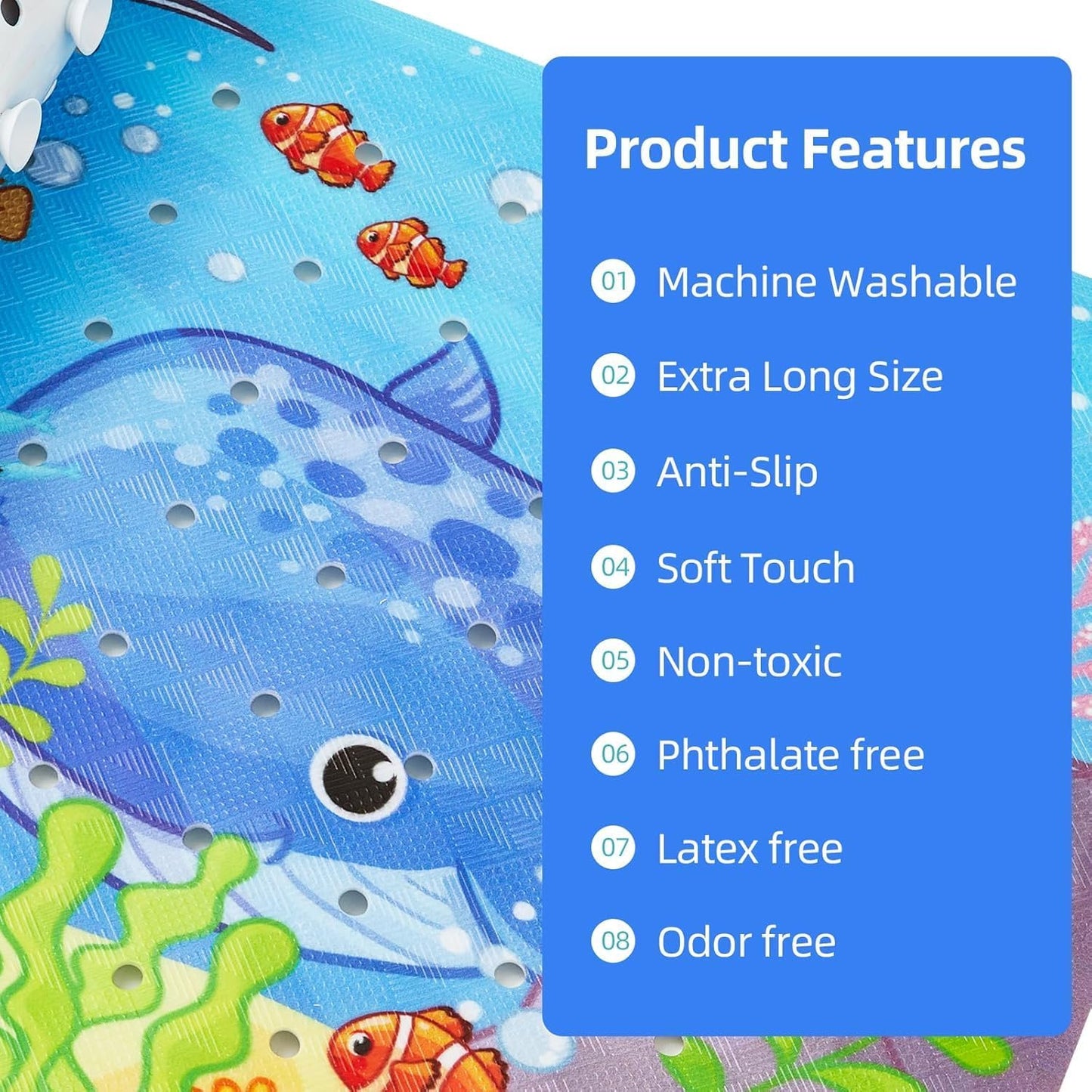 Bingobang Bathtub Mats Non Slip Extra Long Bath Shower Tub Mat 100 x 40cm with Suction Cup, Anti-Mould Drain Holes, Machine Washable, for Bathroom Floor