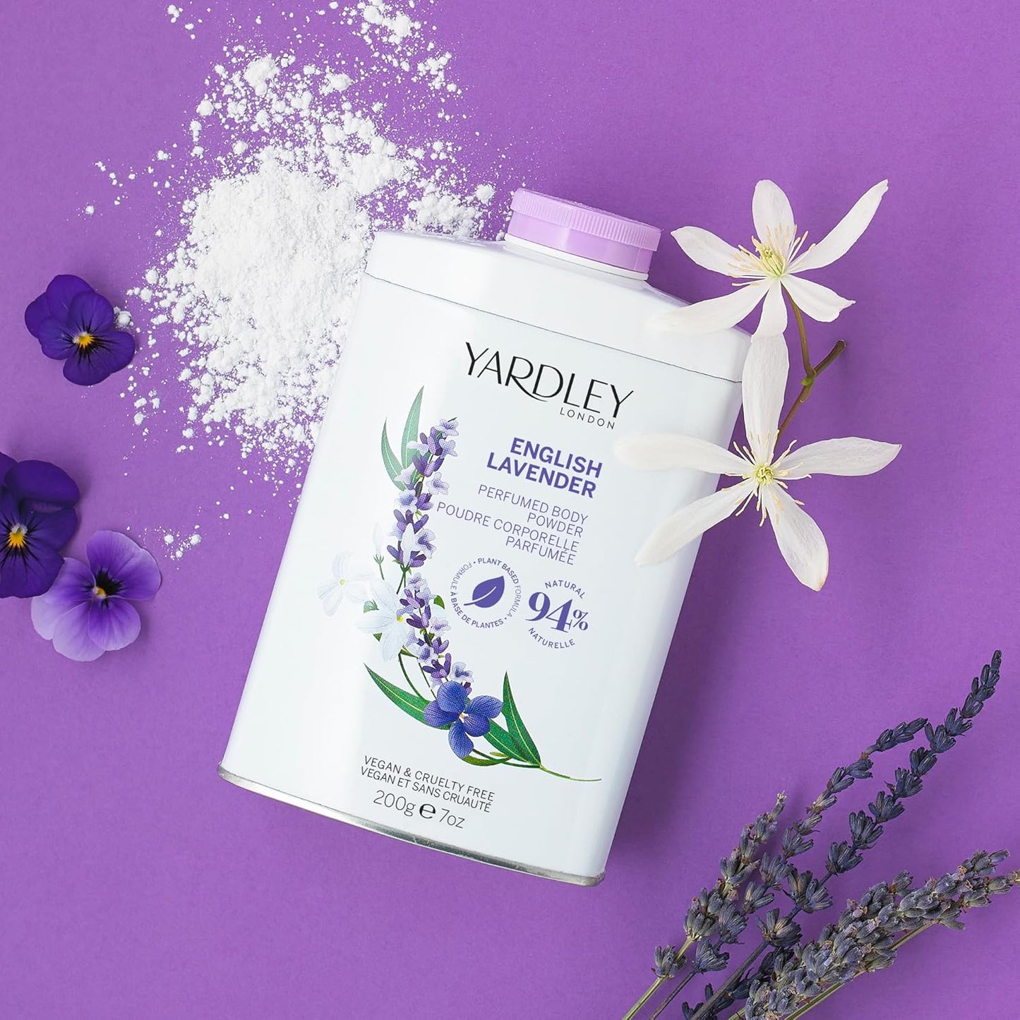 Yardley London English Lavender Perfumed Body Powder, Talcum Powder for Women to Help with Odour Control &amp; Chafing, English Lavender Dusting Powder, Vegan &amp; Cruelty Free, 200g