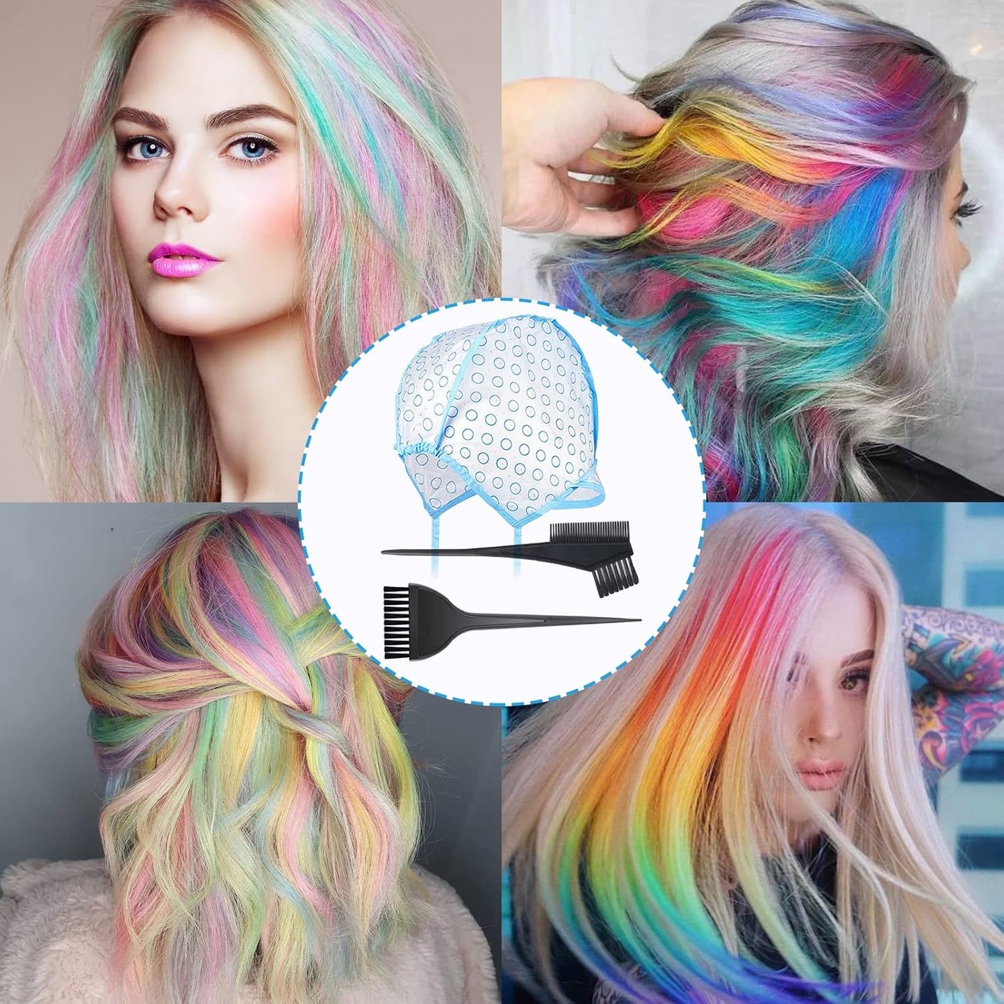 17 Pcs Hair Highlighting Kit, 6 Pcs Hair Disposable Frosting Cap Highlight Cap with 3 iron crochet hook, 2 Plastic Hooks, 2 Hair Dye Brushes Hair Dye Combs, 4 Hair Clips for Salon Home Dyeing Hair Use