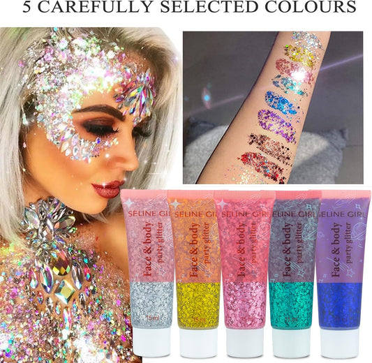 5Pcs Face Chunky Glitter Gel,75ml Mermaid Sequins for Body &amp; Hair &amp; Face &amp; Eye &amp; Lip Festival Holographic Glitter for Party Show Nightclub Art Festival Makeup Decoration,Vegan, Cruelty-Free