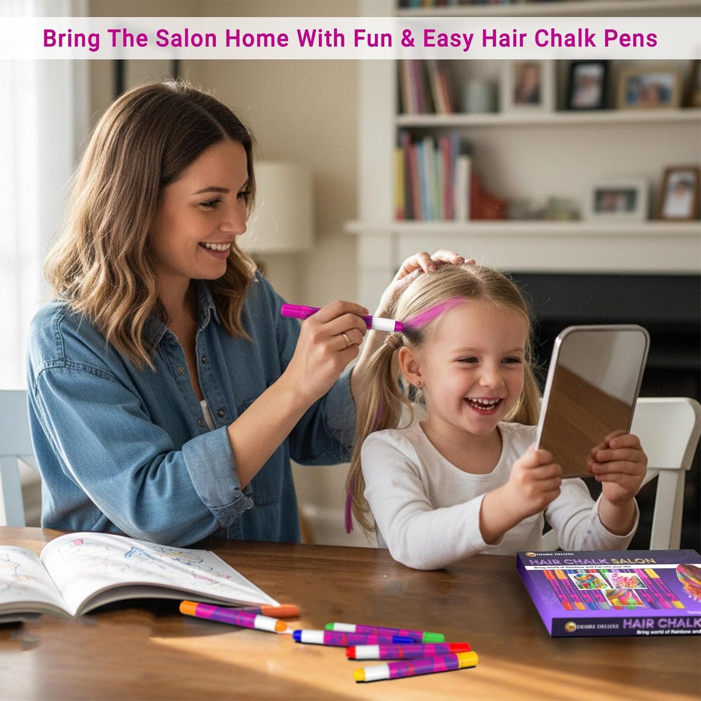 Desire Deluxe Hair Chalk Gift for Girls - 10 Temporary Non-Toxic Easy Washable Hair Dye Colourful, Metallic, Glitter Pens - Great Games Birthday Girls