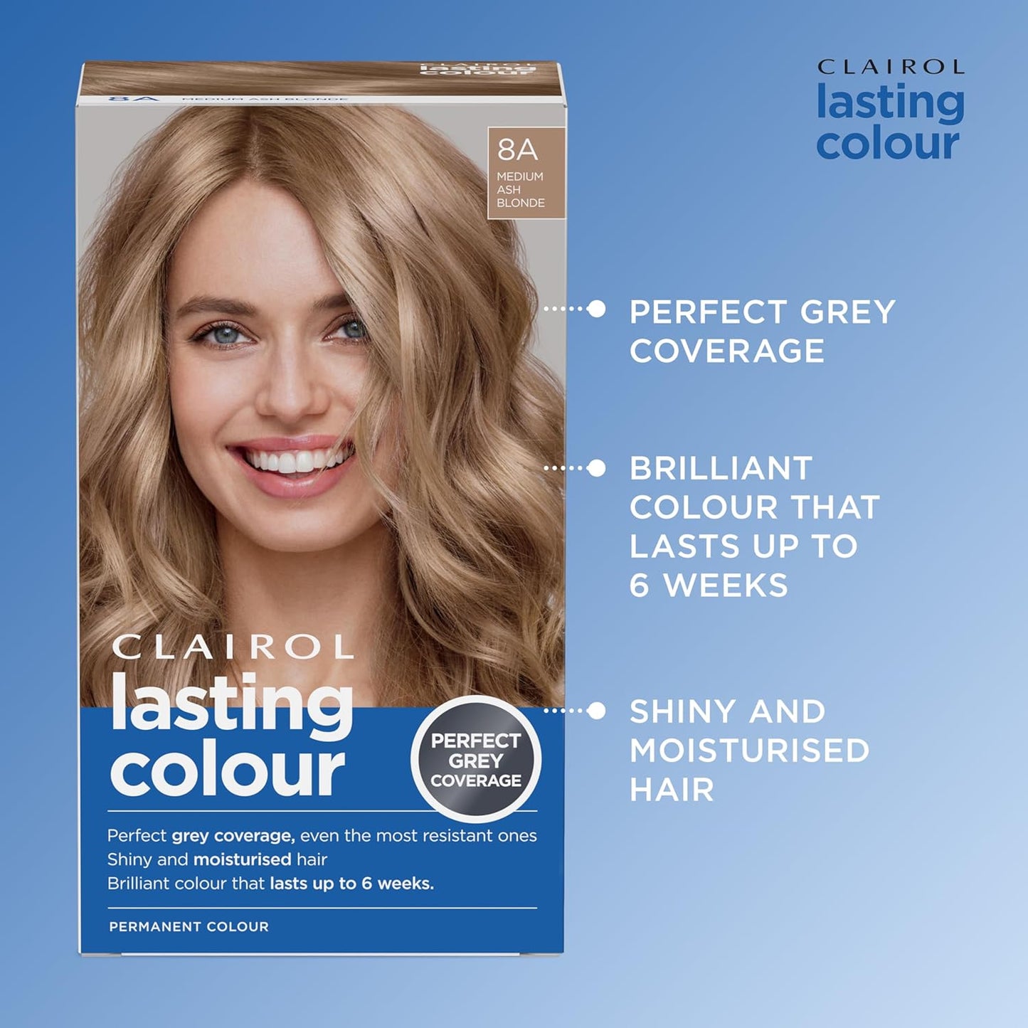 Clairol Lasting Colour Permanent Hair Dye | Ideal Grey Coverage | Shiny and Moisturised Hair | 8A Medium Ash Blonde