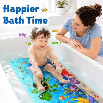 XIYUNTE Baby Bath Mats Non Slip Anti Mould - 100x40cm Extra Long Non Slip Bath Mat for Kids, Eco-Friendly Toddler Bath Mat with Suction Cups for Secure Grip, Easy to Clean &amp; Easy Drying, Sea Turtle