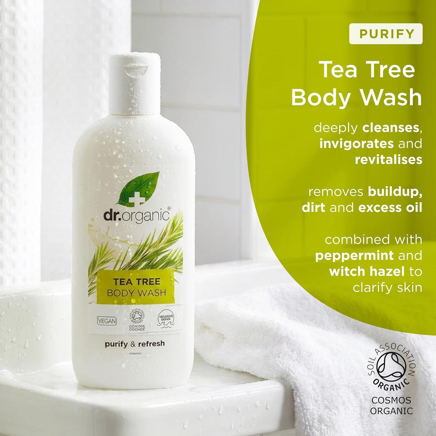 Dr Organic Tea Tree Body Wash, Shower Gel, Natural, Vegan, Cruelty-Free, Paraben &amp; SLS-Free, Recyclable &amp; Recycled Ocean Bound Plastic, Certified Organic, 250ml, Packaging may vary