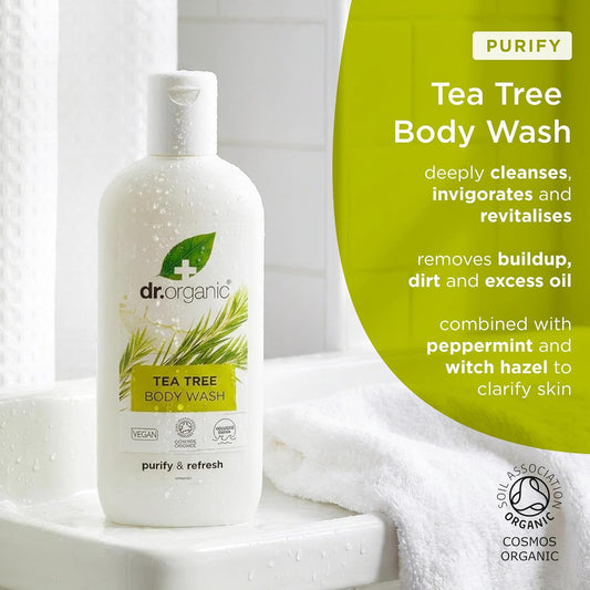 Dr Organic Tea Tree Body Wash, Shower Gel, Natural, Vegan, Cruelty-Free, Paraben &amp; SLS-Free, Recyclable &amp; Recycled Ocean Bound Plastic, Certified Organic, 250ml, Packaging may vary