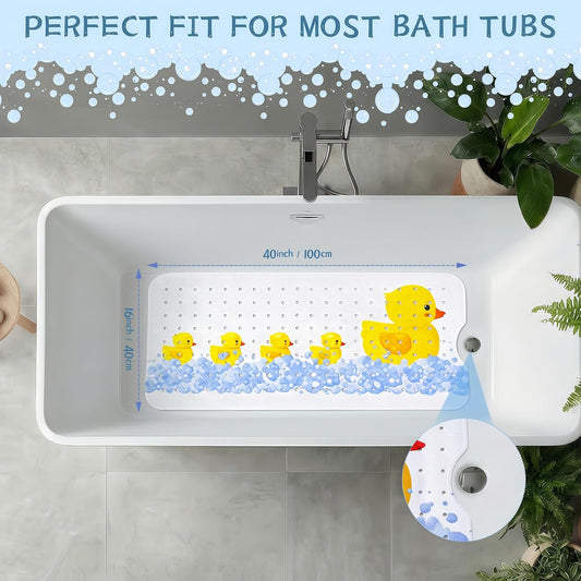 Bath Mat Non Slip Cute Yellow Duck - 100x40cm Extra Long Kids Bath Mat Anti Mould, Machine Washable Toddler Shower Mat with Suction Cups for Secure Grip, Easy Clean &amp; Fast Drying