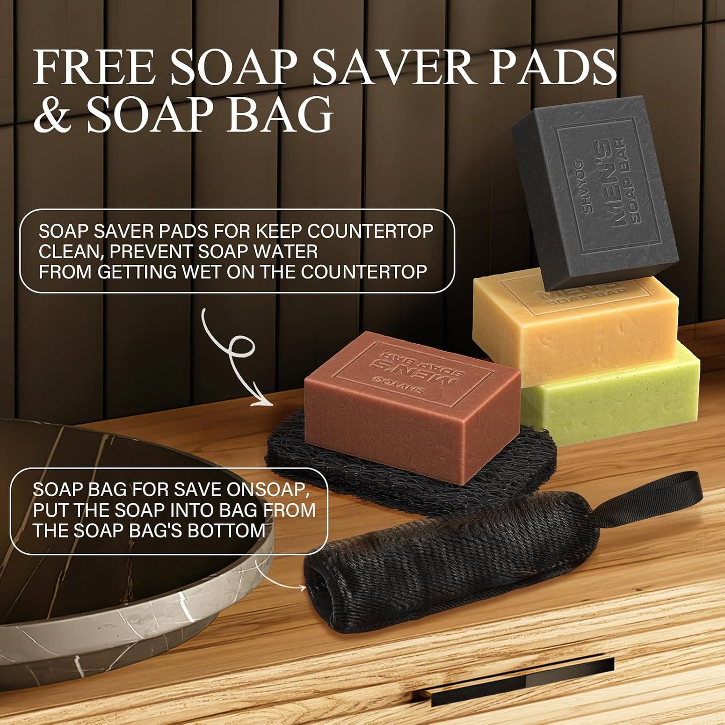 4 Pcs Natural Men`s Soap, SHVYOG Men`s Bar Soap, Handmade Exfoliating, Deep Cleansing, Refreshing, Moisturizing Bar for Body &amp; Face - Sandalwood Amber, Mint, Charcoal, Turmeric, 600g