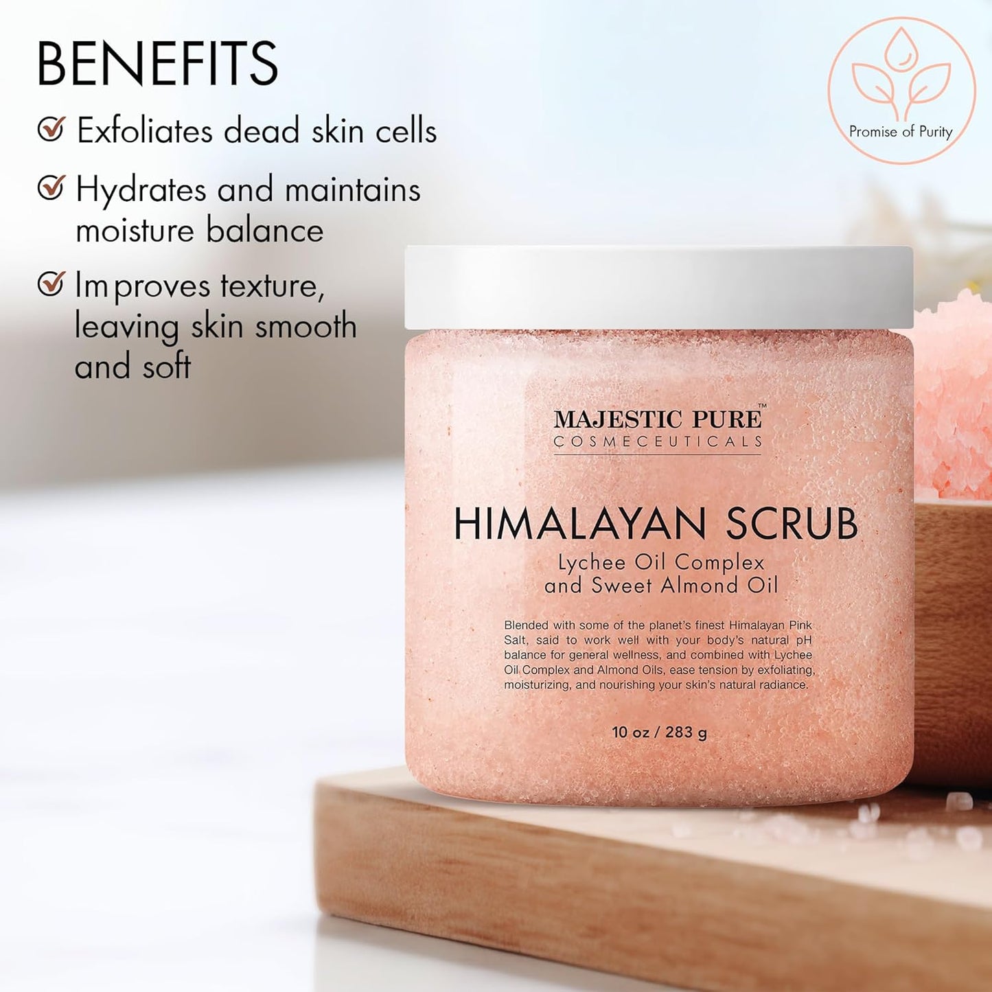 MAJESTIC PURE Himalayan Salt Body Scrub with Lychee Oil, Exfoliating Salt Scrub to Exfoliate &amp; Moisturize Skin, Deep Cleansing - 283 g