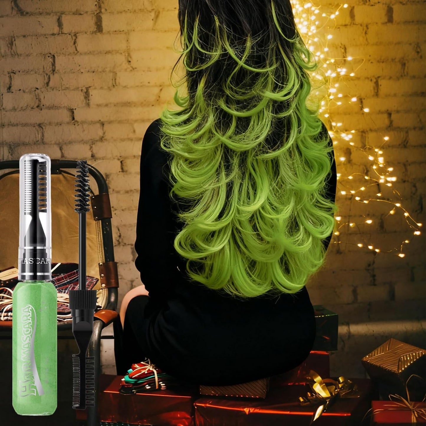 Green Hair Chalk Comb, Hot Color Eyelashes Mascara Wash Out, Coloured Hair Spray, Temporary Hair Dye for Men Washable, Christmas Party Cosplay Gifts for Women（15ml）