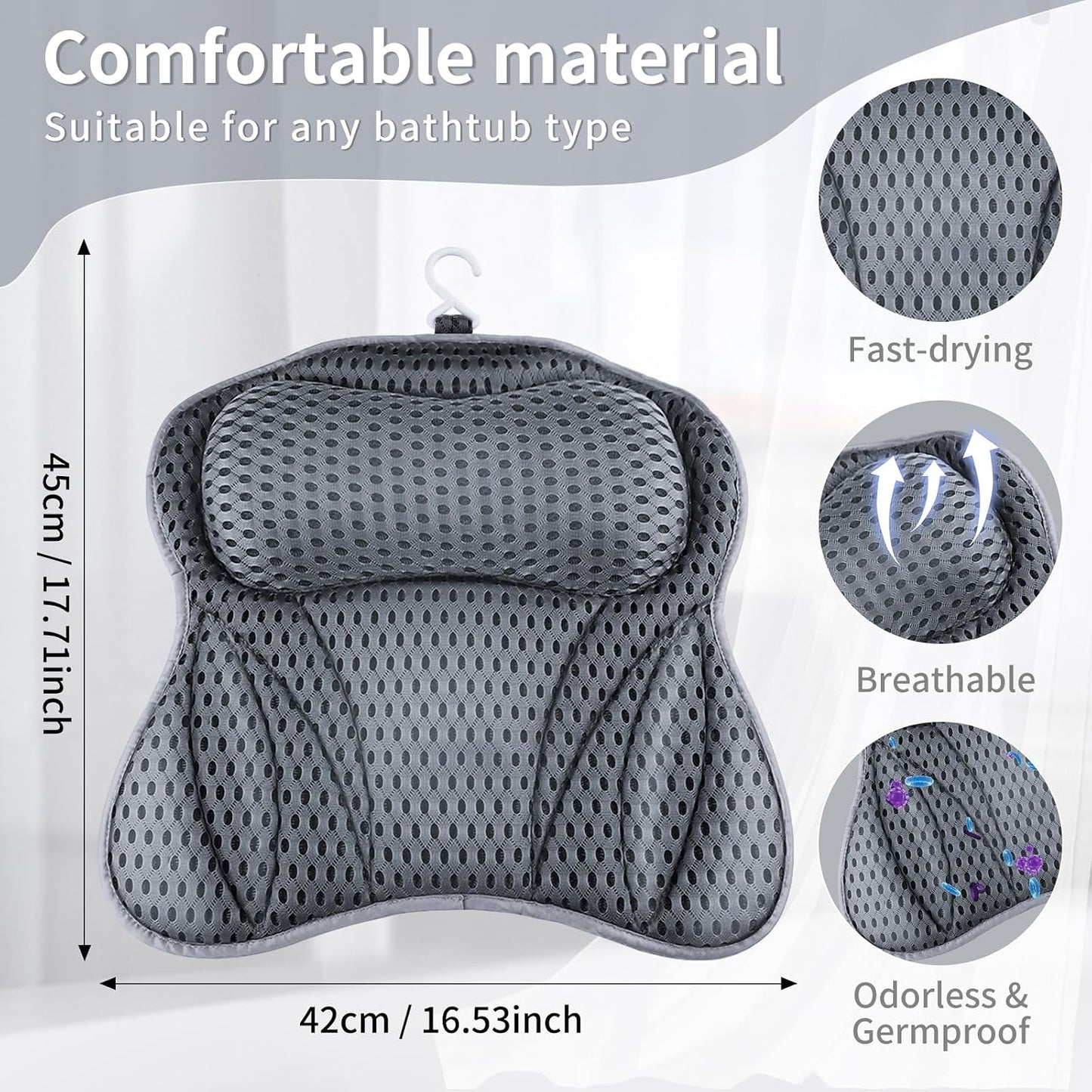 Bath Cushion, Shodiffy Bath Cushion 4D Mesh Headrest with 6 Non-Slip Suction Cups Can Support Head, Neck, Back, Bathtub, Home Spa (Grey) (Grey)